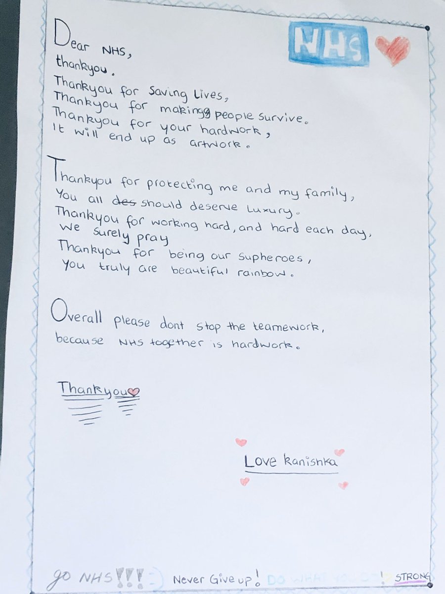 kar7hikraj73199's tweet photo. A little letter from my daughter to our NHS superheroes #NHSheroes #phillipandholly #NHSThankYou @thismorning https://t.co/xGshK6CXST