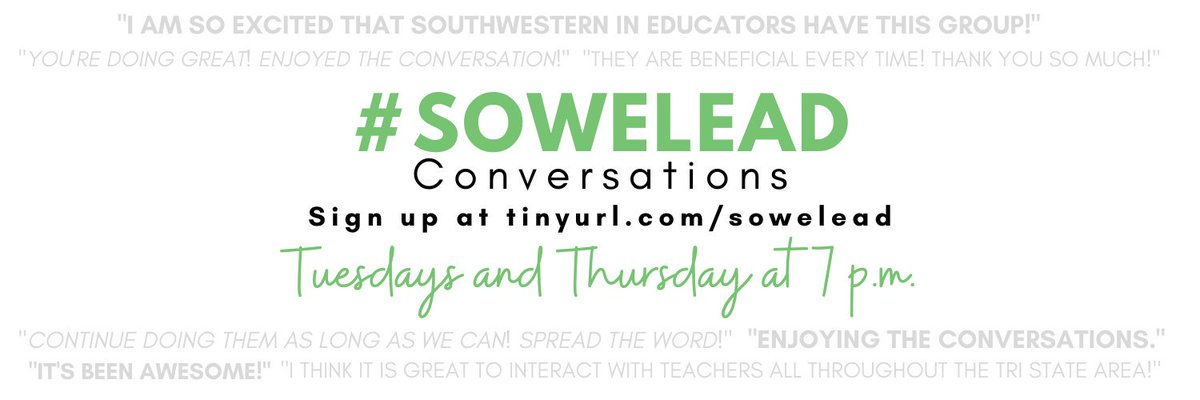 THURSDAY #SOWELEAD welcomes <a href="/ttenbarge/">Tami Tenbarge</a> who is a life/work coach who will chat with us about staying positive &amp; the challenges that exist in passing that on to students &amp; peers, especially when not connected. 
THRS 4-30 @ 7PM CDT
-> tinyurl.com/sowelead

allergictoaveragecoaching.com