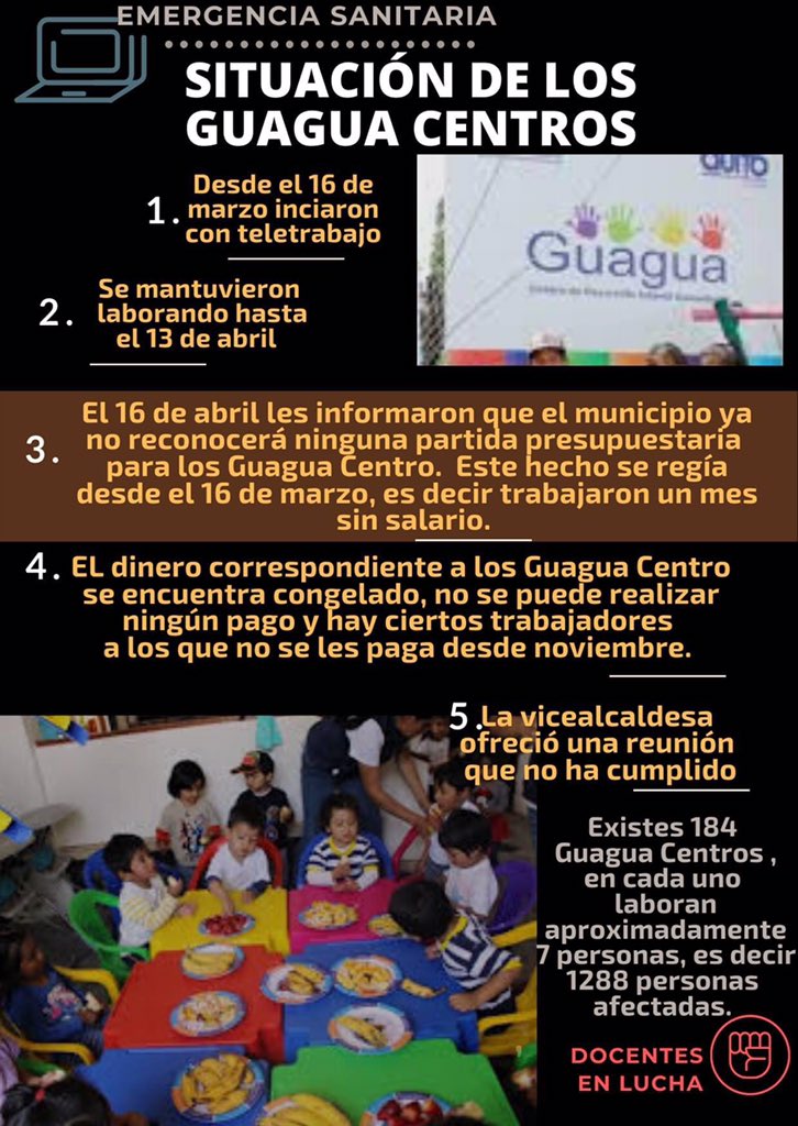 LuchaDocentes's tweet photo. Nos sumamos a la exigencia de las parvularias y demás trabajadores de los Guagua Centros.  No se puede obligar a que firmen la renuncia . Donde quedan los derechos laborales #SOSGuaguasCentro @LoroHomero @Lilia_Yunda @MunicipioQuito https://t.co/CiLikY4WYh