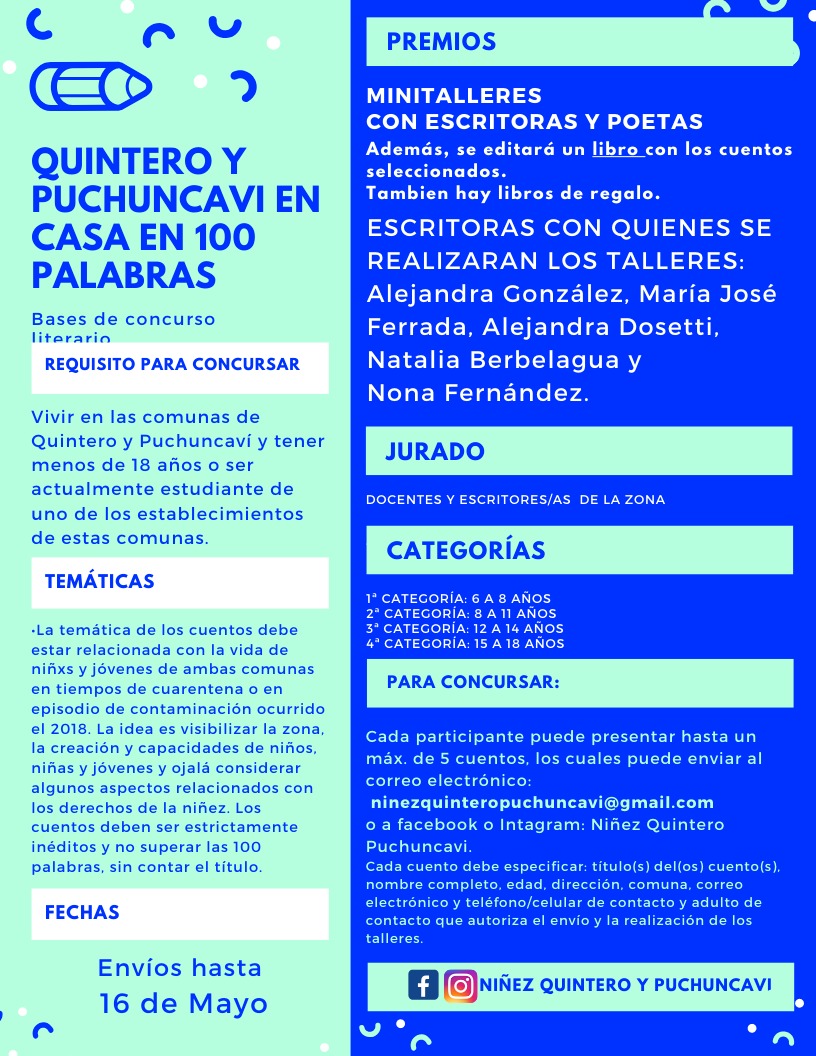 🔵 Queremos invitar a niños/as y adolescentes de Quintero y Puchuncaví a unirse a esta gran iniciativa 🙌🏼
📣Difundamos para que se hagan visibles sus experiencias en cuarentena y viviendo en una zona de sacrificio por la contaminación 😷