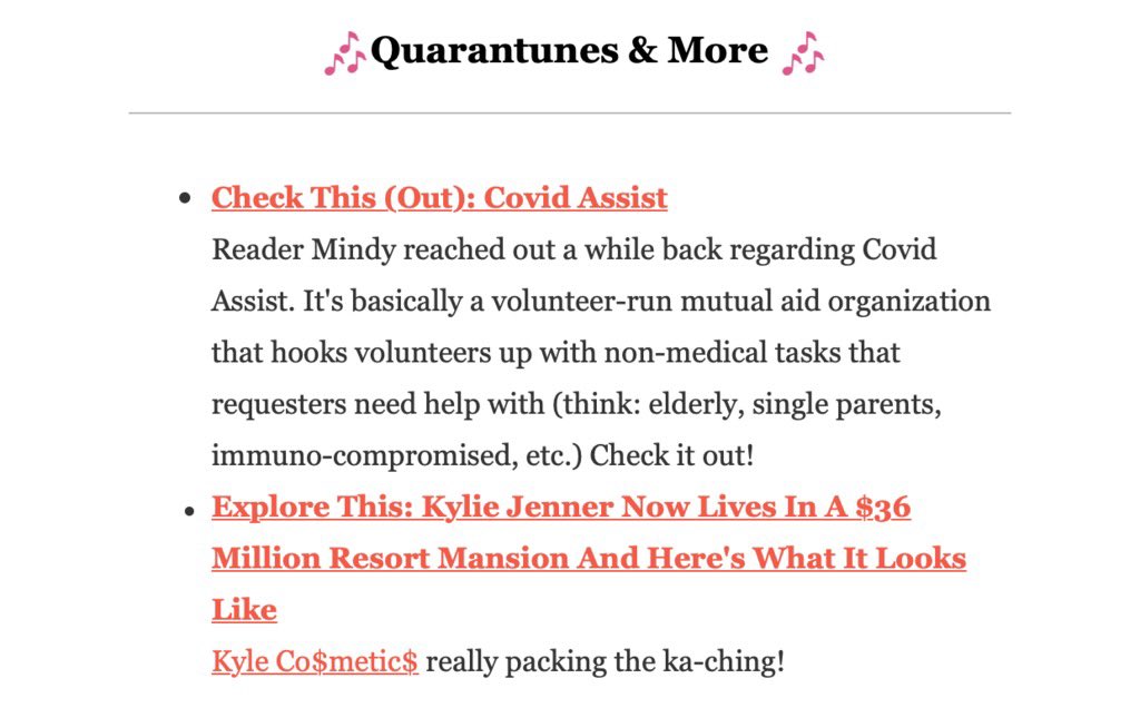 CovidAssist's tweet photo. We made it above Kylie Jenner in @BuzzFeed’s Quarantine Today news letter.

Almost as great a feeling as hearing  #Beyonce’s  verse on the #SavageRemix 

Help your neighbor during COVID-19 sign up —> @CovidAssist https://t.co/FVvgY42Npj