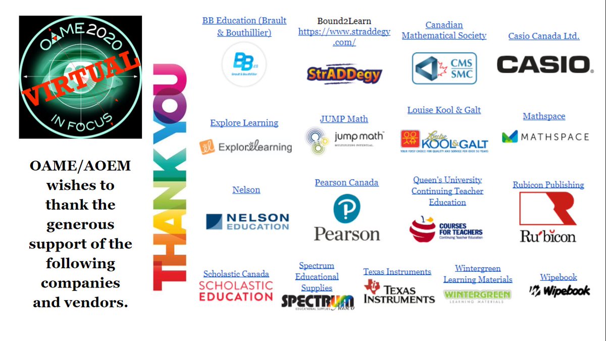 OAMEcounts's tweet photo. Registration is still open for next week's OAME/AOEM Virtual Conference. Join over 2500 others who have registered for this FREE event. Go to https://t.co/RQ0tL5Wm6g for all the details. A big thank you to our friends in math ed community who are supporting the conference. https://t.co/yNUARdyiKN
