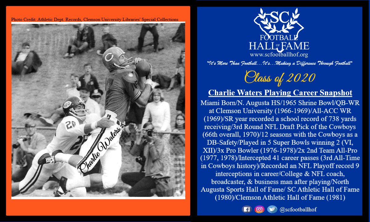 SCFootballHOF's tweet image. Class of 2020 Inductee Charlie Waters owns the record for most INTs recorded in NFL Playoff history (9). @dallascowboys @clemsonfb #SCFHOF20