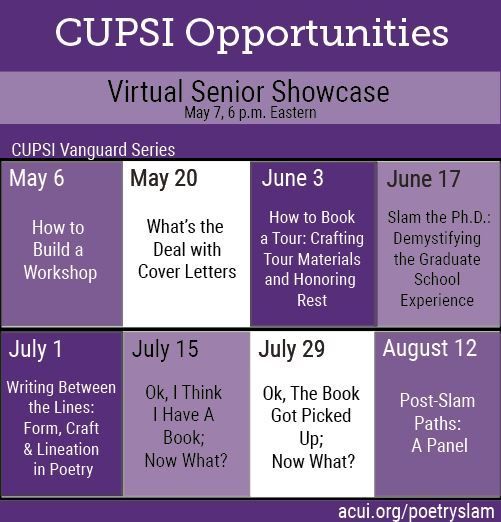 Check out the upcoming CUPSI opportunities!! Starting next week: How to Build a Workshop on May 6 and another #CUPSIseniorshowcase on May 7! buff.ly/2VEeJoX <a href="/ACUIPoetrySlam/">ACUI CUPSI</a>