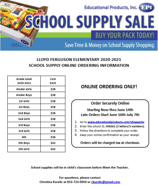 2020 - 2021 School Supply Packs Information is here! Deadline to order is 6/14/2020.