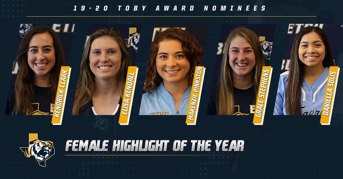2⃣0⃣2⃣0⃣ #TobyAwards Nominations
🏆 Female Highlight of the Year
🗣️K.Clark (<a href="/ETBU_WBSK/">ETBU Women's Basketball</a>)
🗣️E.Kendall (<a href="/ETBU_Tennis/">ETBU Tennis</a>)
🗣️M.Pinkston (<a href="/ETBU_Golf/">ETBU Golf</a>) 
🗣️G.Stephens (<a href="/ETBU_XC_TF/">ETBU XC/TF</a>) 
🗣️D.Solis (<a href="/ETBU_Softball/">ETBU Softball</a>)

📺Facebook (GoETBUTigers) | YouTube (ETBUsports)