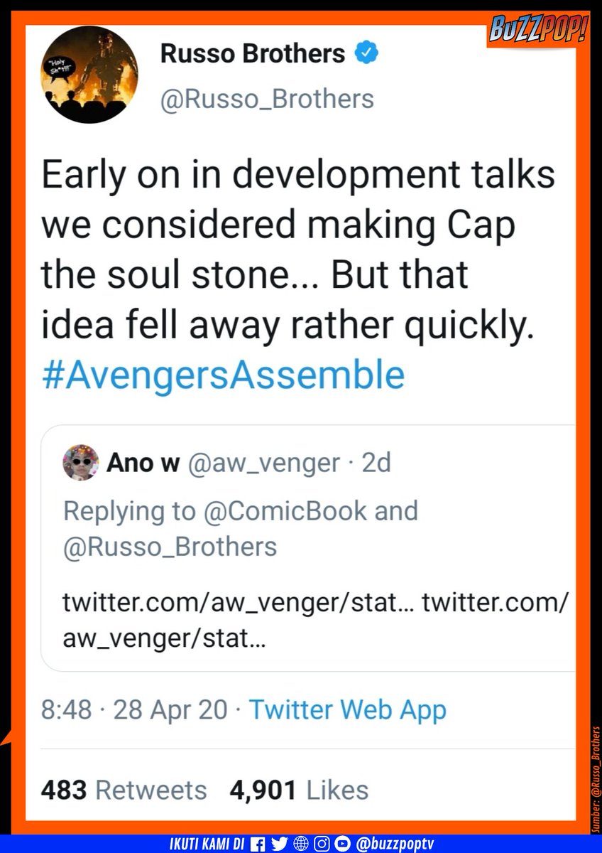 buzzpoptv's tweet photo. #TriviaFilem - Di dalam proses penggubahan awal skrip AVENGERS: INFINITY WAR, penulis Christopher Markus dan Stephen McFeely serta Russo Brothers nyaris membuatkan CAPTAIN AMERICA sebagai SOUL STONE yang diburui Thanos selama ini! 🤔😲🤯

#AvengersInfinityWar https://t.co/HZvhTtudQj