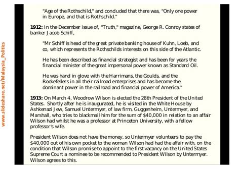 Married into Kuhn Loeb becoming head of the firm, yet never changing the name. Jacob became the director of National City Bank of NY, Wells Fargo and the Union Pacific Railroad. Also on his resume, Jacob was one of the main financiers of the Bolshevik ...