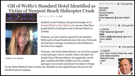 And Kimberly Lynn Watzman (Gen manager for standard hotel). Joseph "pepe" Anthony, 60 yo dies when Robinsons R44 heli with Tena and others smashed into a home in Bayview Terrace at Newport. Adam Schiff has also had multiple visits to Ed buck, a democratic..