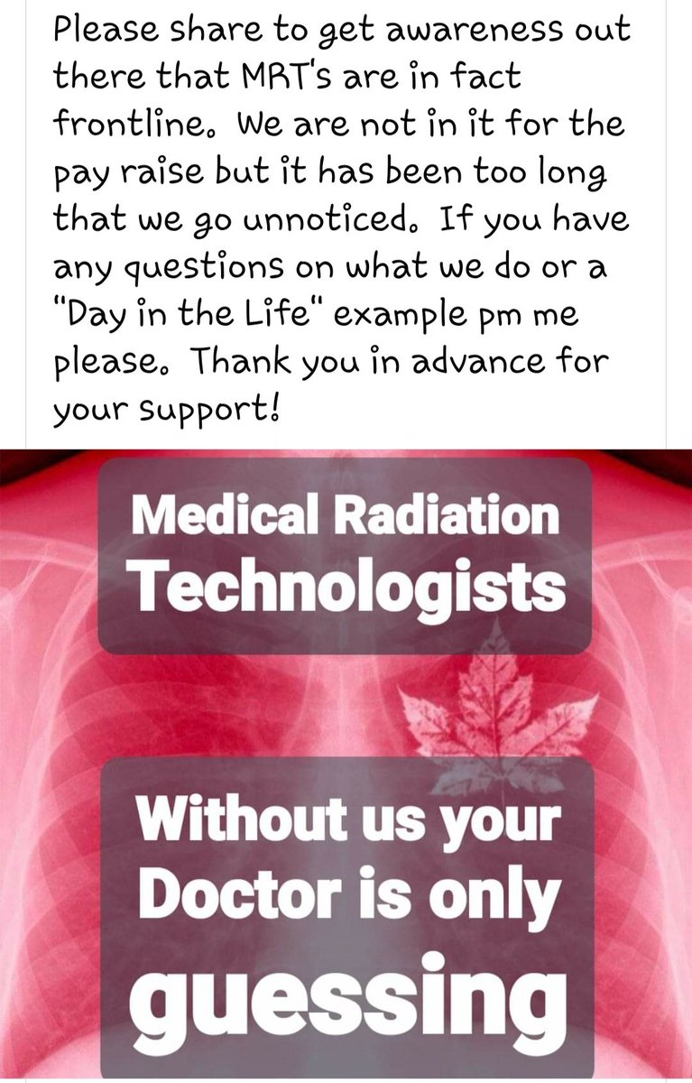Kimberl31610885's tweet image. @fordnation @medicalradiationtech @frontlineworkers
Dear Mr. Ford, Medical Radiation Technologists are frontline workers.  Facebook group created by Anna Gasior and myself today and already at 1.8k members.  Please hear our stories.  We will provide you with all info necessary