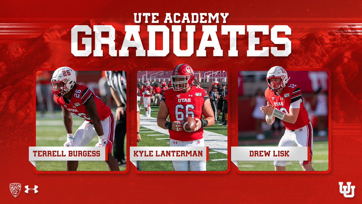Utah_Football's tweet photo. Proud of @TiTaniumT98, Kyle Lanterman &amp; @drewlisker for being the first 3️⃣ Utah Football players to graduate from the @UteAcademy!

@GiannaColosimo | #PlayerDevelopment

Read more about what this accomplishment entails: https://t.co/lcvU2zUODP https://t.co/woQ8Dk3ZVr