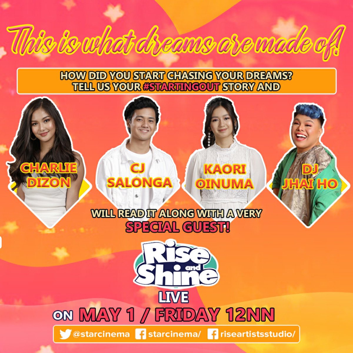riseartistsph's tweet image. what steps have you started to reach your dreams? share us using the hashtag #StartingOut kasi ‘yan ang pag-uusapan natin bukas with charlie, cj, kaori, jhai ho and our very special guest ✨ #RiseAndShineLive