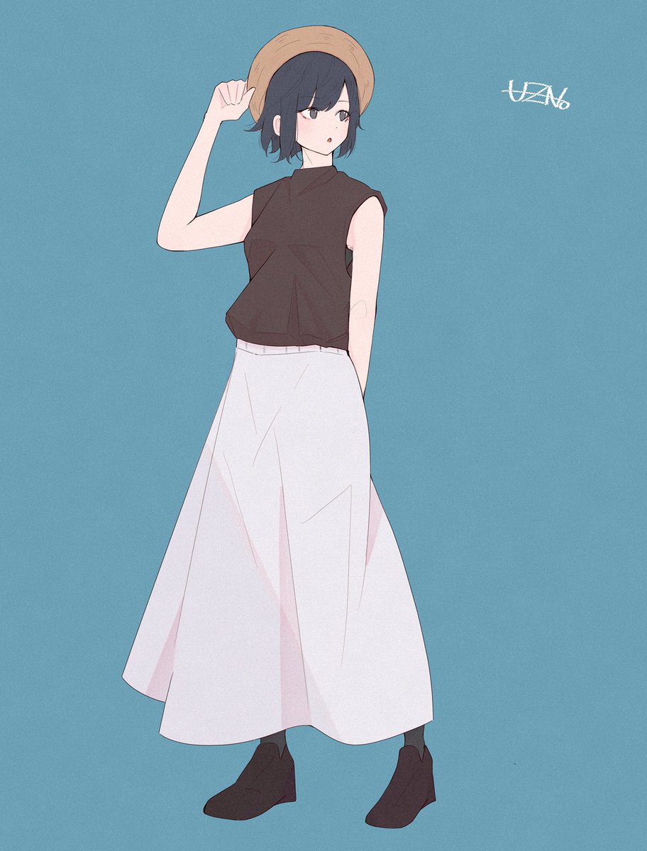 1girl solo skirt simple background shirt hat short hair  illustration images