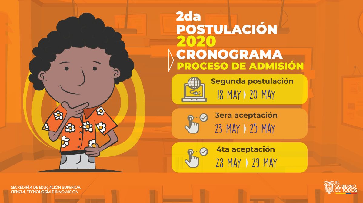 EduSuperiorEc's tweet photo. ⚠️¡Pilas!⚠️ Te compartimos el cronograma de la segunda postulación  de #Admisión2020 para este periodo 📆. Podrás postular hasta 5 🖐 opciones de carrera según tu preferencia y prioridad del 18 al 20 de mayo. ⬇️ https://t.co/wUh0kfmVRz