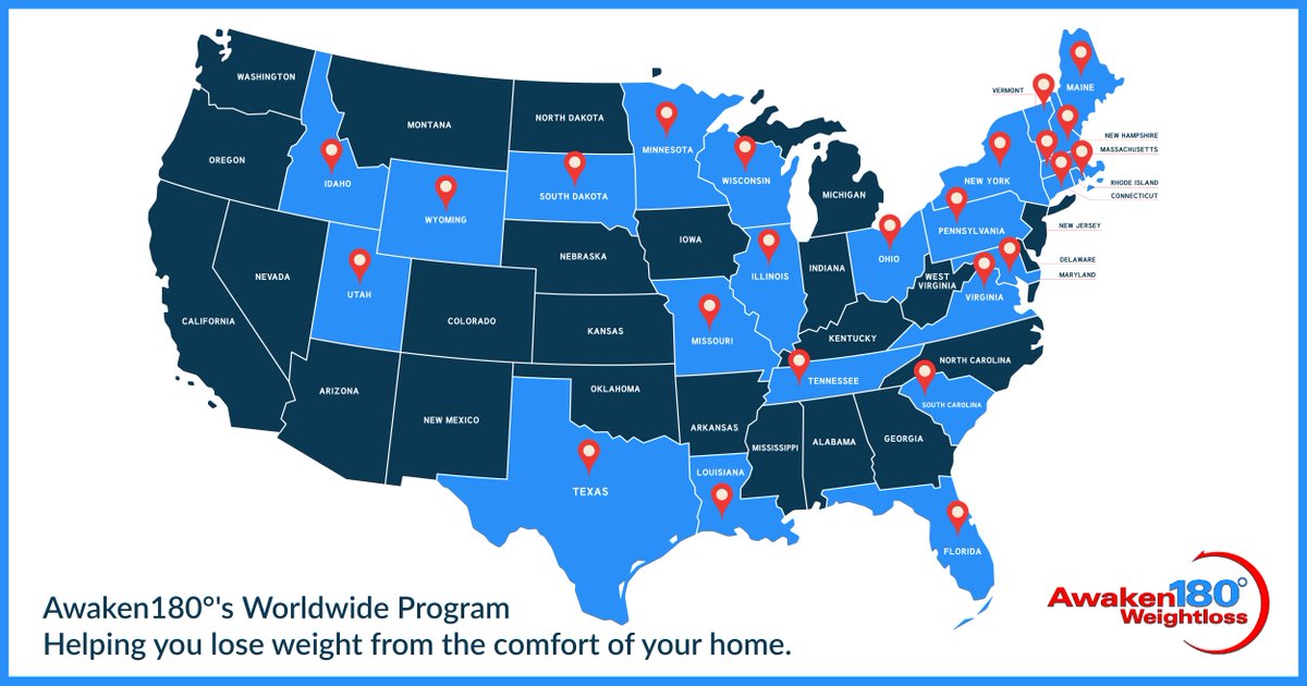 Awaken180's tweet photo. While our offices are based in Massachusetts, we are proudly helping clients from all over the country reach their weight loss goals!
Visit https://t.co/2lFKm6f4BD to learn more about our worldwide program:
#Awaken180Weightloss #Awaken180 #SolutionForWeightloss #Weightloss https://t.co/FfoHnAH3au