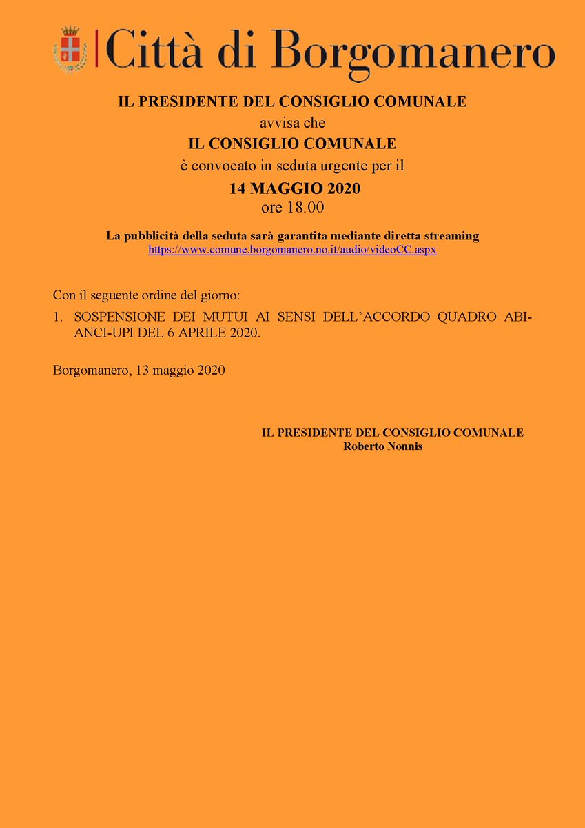 Oggi 14 maggio 2020 #ConsiglioComunale ore 18.00 diretta della seduta di Consiglio sul Canale Youtube del Comune youtu.be/nMphjBhV2mM