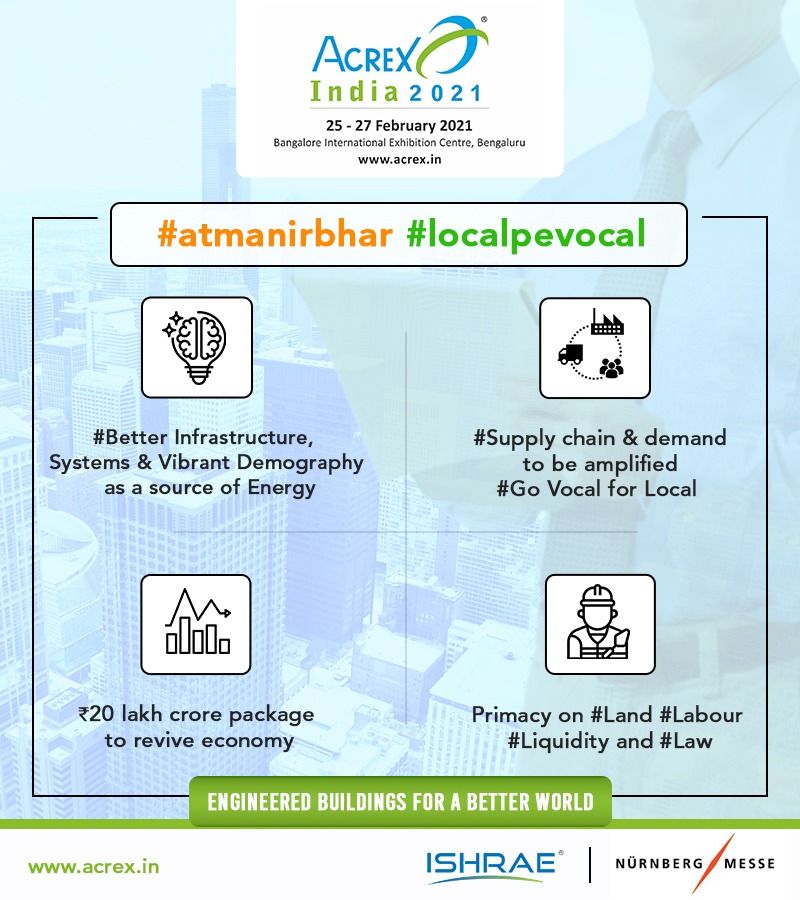 ACREX2021's tweet photo. The New #Atmanirbhar Bharat Abhiyan brings a ray of hope for all of us.
ACREX India pledges to support and contribute our best to achieve these aims.
#GoLocalPeVocal #AtmanirbharBharat

#ishrae #acrexindia #benagluru #atmanirbharbharat #atmanirbhar #localpevocal #makelocalglobal https://t.co/9kMr7qfiB7