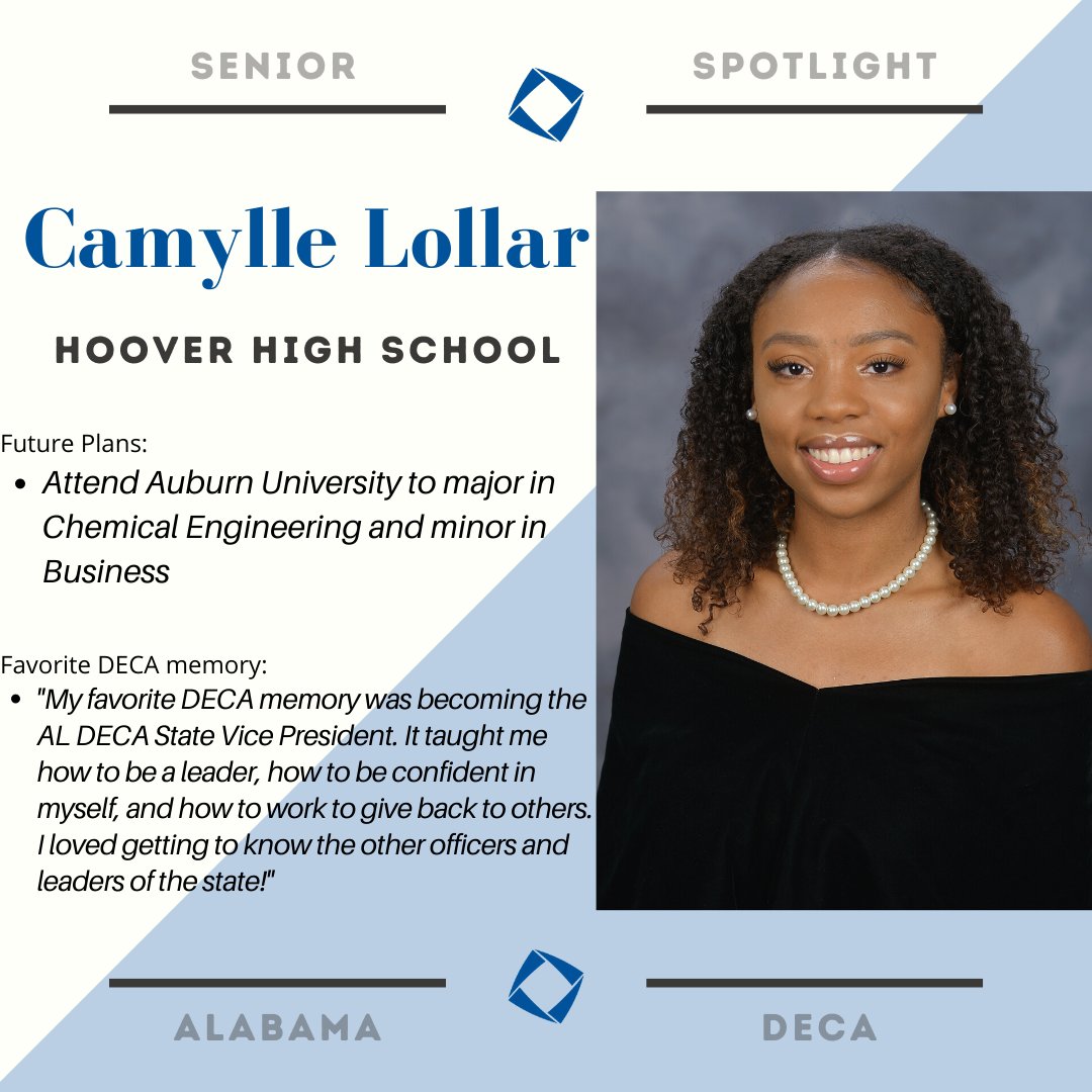DECAAlabama's tweet photo. Today's spotlight is one of our former State Officers! Congratulations Camylle and good luck at Auburn University next year. #seniorspotlight2020 @DecaHoover @HooverHighBucs @HooverSchools #aldeca https://t.co/NzifxYYWte