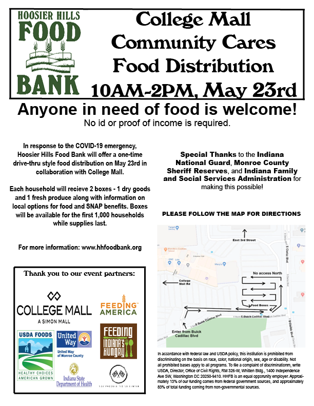 One time food distribution, May 23rd 10-2pm, College Mall! <a href="/CollegeMall/">College Mall</a> <a href="/FSSAIndiana/">Indiana FSSA</a> <a href="/citybloomington/">City of Bloomington, IN</a>