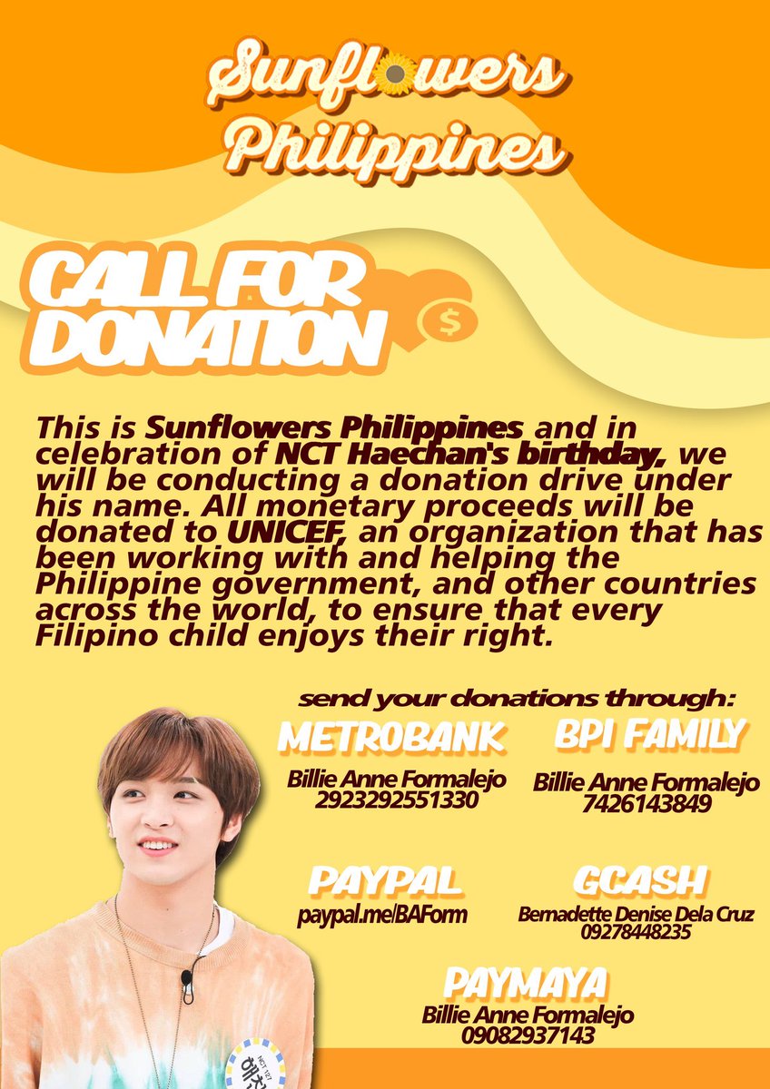 HAECHAN_PH's tweet photo. 🌻 SUNFLOWERS 🌻
Let's make Haechan's birthday this year a meaningful one and let us spread the WARMTH OF HOPE to our fellow Filipinos across the country!
This year, let us share the warmth we have received from Haechan ☉
Form: https://t.co/AcTtZoEZHc
#HAECHAN #해찬 #SFPH https://t.co/7QgG8FZfG9