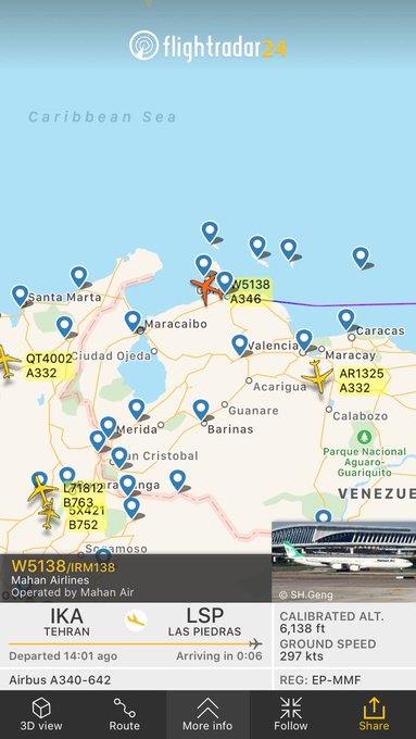 3)IRGC-affiliated Mahan Air’s (terrorist-designated) has direct flights between Iran and Venezuela.a. Flight W5138 from Tehran to Las Piedras https://fr24.com/IRM138/24652405 b. another Mahan Air Airbus A340-600 from Iran to Venezuelac. April 27—Mahan Air A340s landing in Caracas
