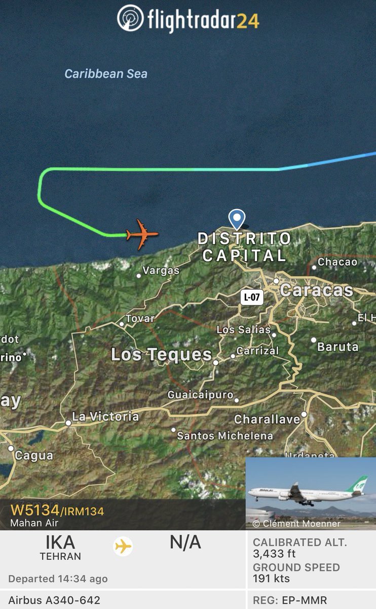 3)IRGC-affiliated Mahan Air’s (terrorist-designated) has direct flights between Iran and Venezuela.a. Flight W5138 from Tehran to Las Piedras https://fr24.com/IRM138/24652405 b. another Mahan Air Airbus A340-600 from Iran to Venezuelac. April 27—Mahan Air A340s landing in Caracas