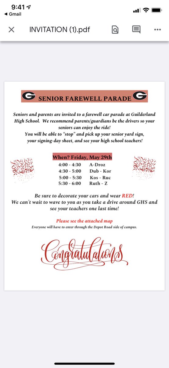 Guilderland2020's tweet photo. Hello, seniors. Hope everyone is doing well!! You are ALL invited to a farewell drive-thru parade on Friday, May 29th.  DEOCRATE YOUR CARS AND SHOW SOME GHS SPIRIT!!!! Try your best to show up at the proper time. We miss you all. #weareguilderland See the attached photos below: https://t.co/cFlOop6yFX