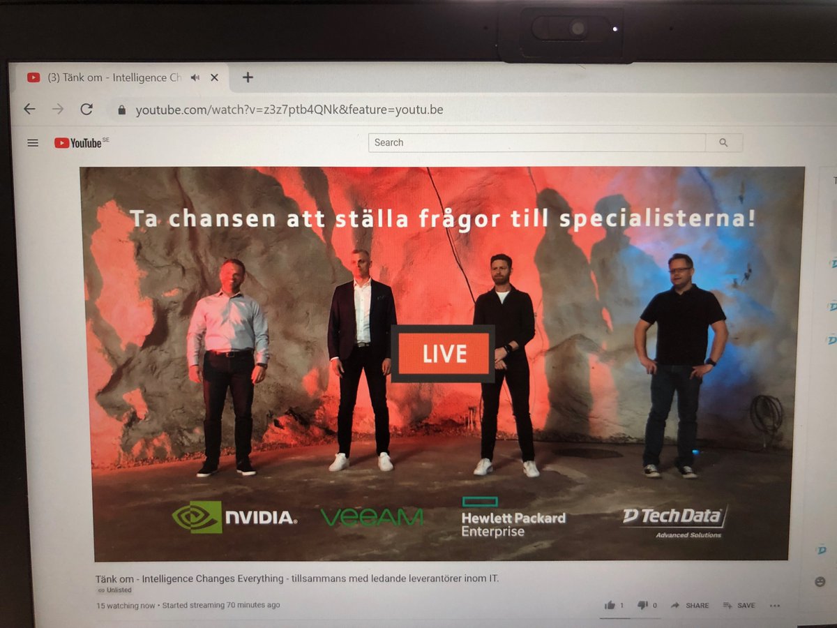 TechDataSE_HPE's tweet image. We are Live at Youtube!
Wonderful start on the day with @nvidia @Veeam @HPE_Swe and @Tech_Data
#ICE #IntelligenceChangesEverything #YoutubeLive