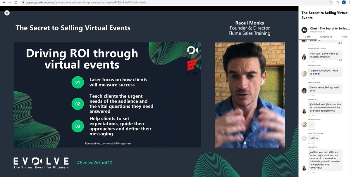 Really interesting &amp; engaging session from @Flumetraining on #EvolveVirtual20 webinar. This totally resonated with me; driving the ROI of any event, focusing on engaging the audience and understanding WHY you are really doing any event - live, virtual or hybrid! #eventprofs #why