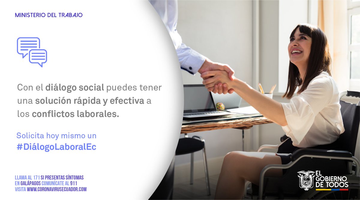 MinTrabajoEc's tweet photo. ¡Recuerda!

La vía más adecuada para resolver controversias laborales y encontrar soluciones pacíficas entre empleadores y trabajadores, siempre será el #DiálogoLaboralEc. 

#PorTusDerechosEc
#AEcuadorLoSacamosTodos https://t.co/0Iyo1JMzvp