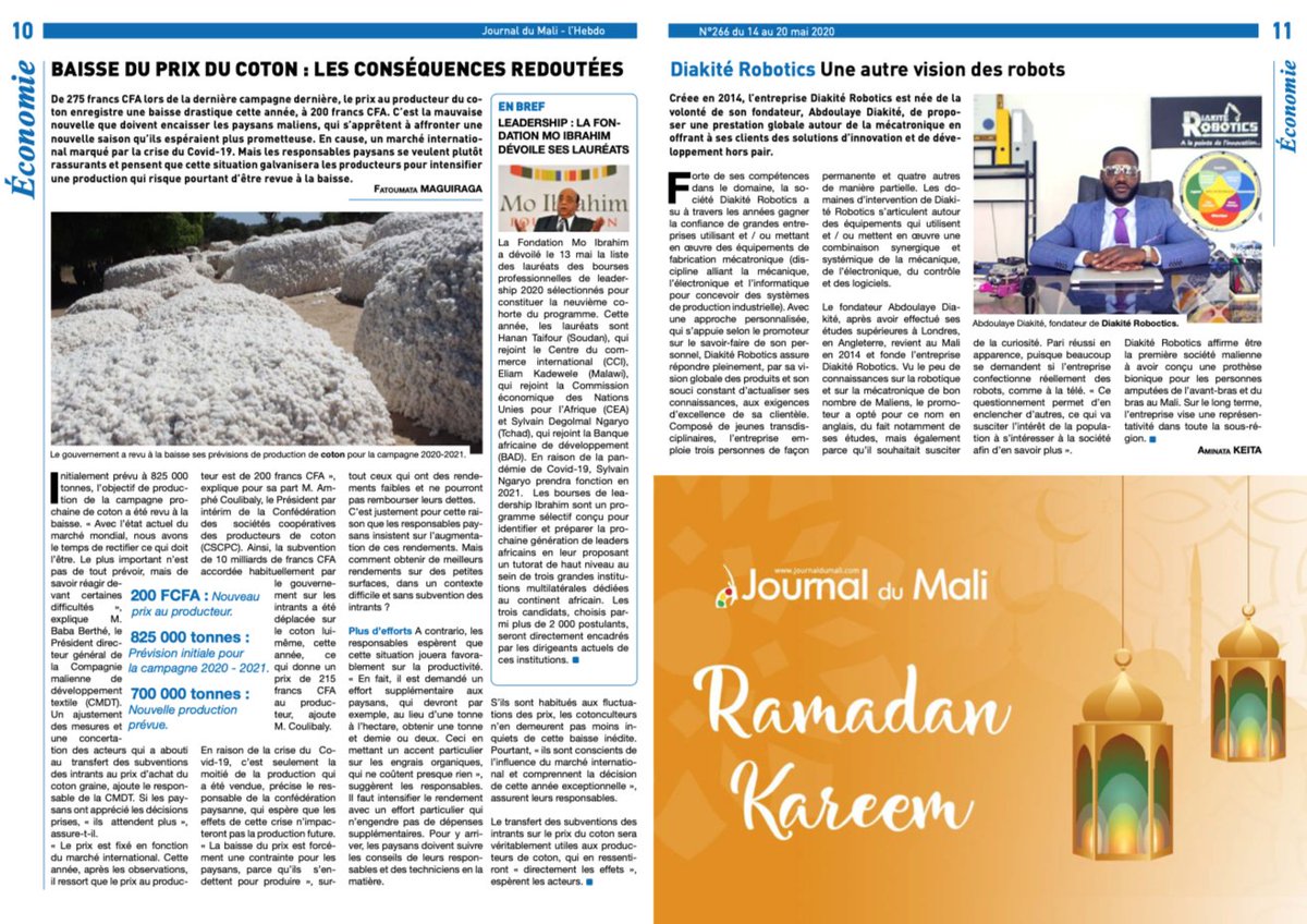 RoboticsDiakite's tweet image. Diakite Robotics souhaite remercier le @JourDuMali pour cette belle apparition dans l&apos;exemplaire N°266 du 14 au 20 mai 2020 !

#DiakiteRobotics #JournalDuMali #Robotique #Robotics #Mécatronique #Mechatronics #Bamako #Mali