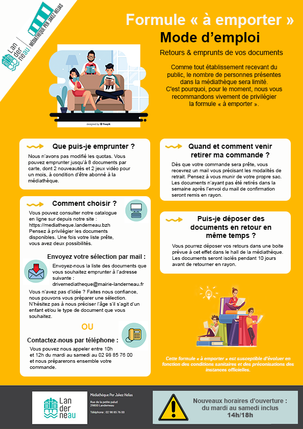 med_landerneau's tweet photo. La Médiathèque Per Jakez Helias poursuit sa réouverture progressive. Une deuxième phase débutera dès mardi prochain avec une réouverture partielle et la mise en place d’une formule « à emporter ». https://t.co/3TH54lSGTH