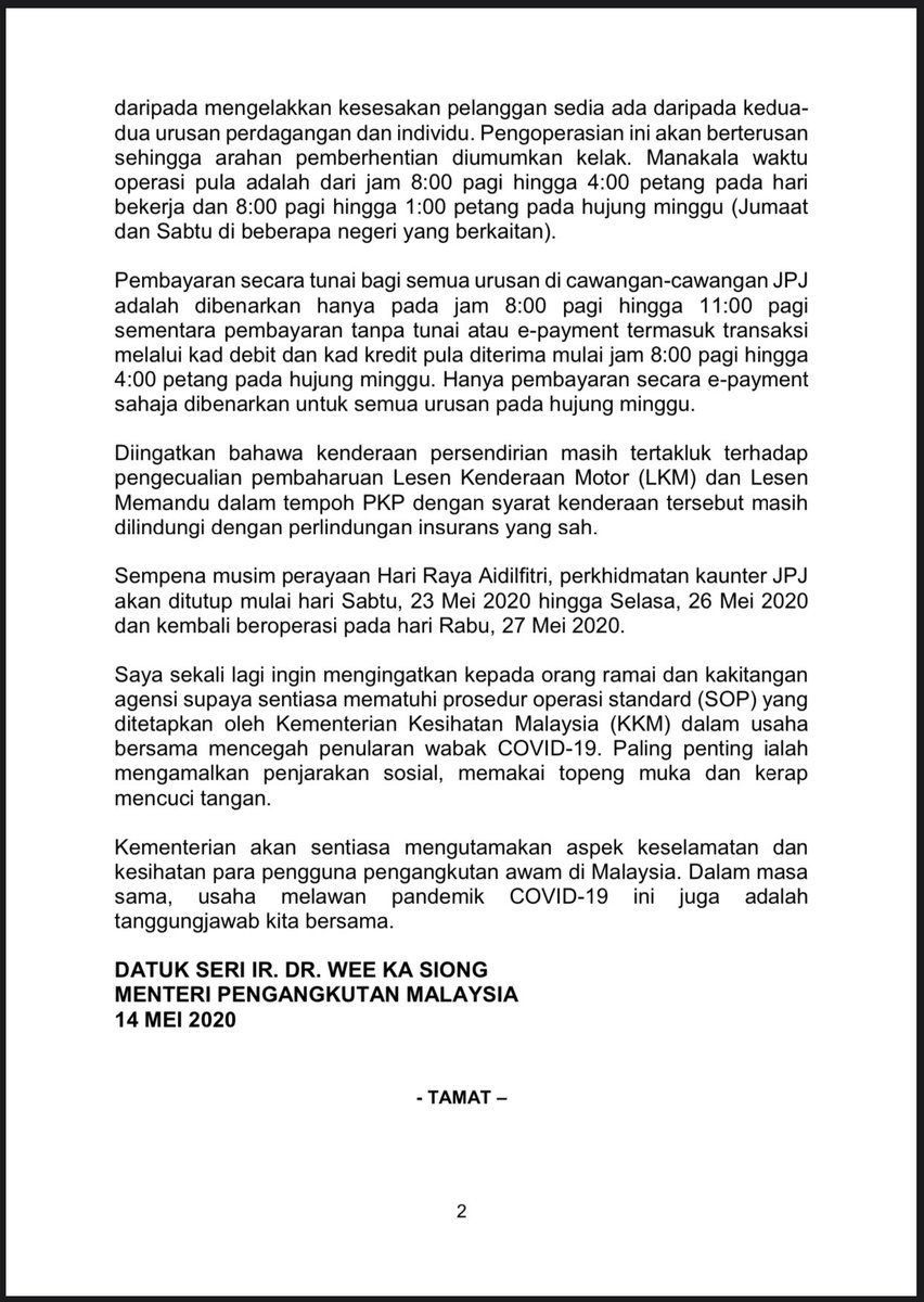 Jpj Malaysia ×'××××××¨ Khamis 14 Mei 2020 Kenyataan Media Menteri Pengangkutan Malaysia Tajuk Pembukaan Perkhidmatan Kaunter Jpj Bagi Semua Urusan Mulai 18 Mei 2020