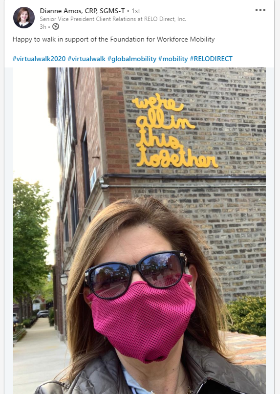 RELODirect's tweet photo. Members of our team have taken to the streets in support of the @WorldwideERC Foundation for Workforce Mobility this week! It's never too late to get those steps in and show your support. https://t.co/5sFZmWl50W #VirtualWalk2020 #mobility #relocation https://t.co/tlK8D59z9c