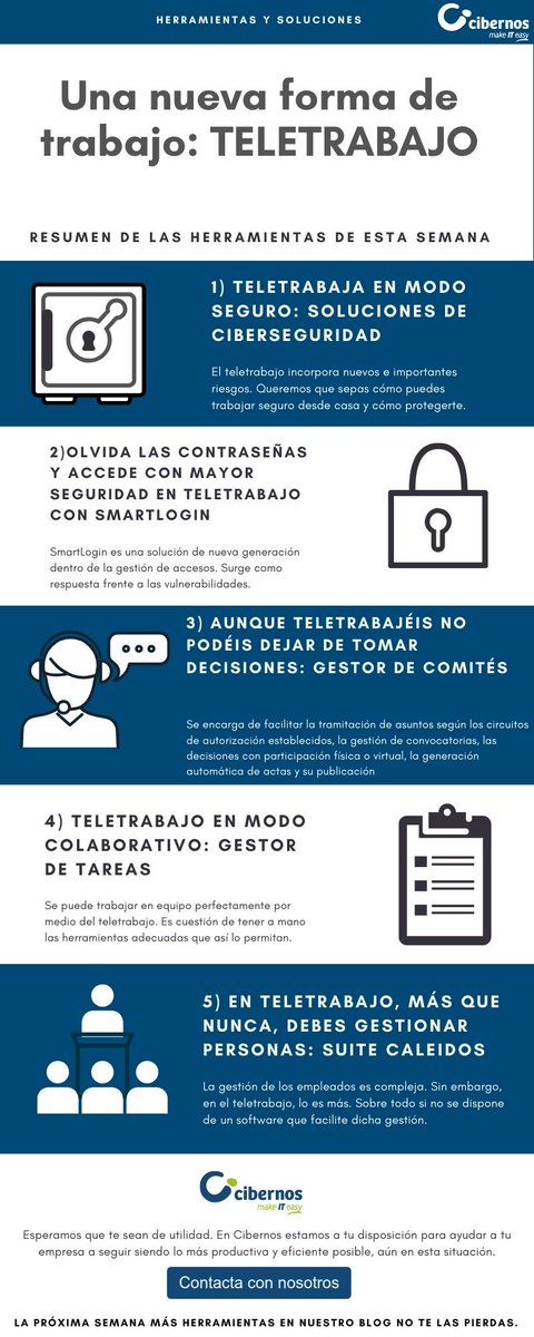 cibernos's tweet photo. ¡Aquí tienes un resumen de las herramientas para teletrabajar del Grupo #Cibernos! El lunes volvemos con nuevas soluciones que te ayudarán a trabajar en remoto. #teletrabajo #ciberseguridad #smartlogin #gestordecomites #gestordetareas #suitecaleidos https://t.co/kdTvtxMJaN https://t.co/62tVHE6dmZ