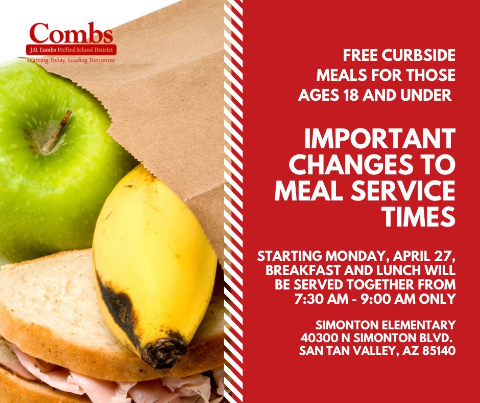 JOCombsUSD's tweet photo. The school year might be coming to a close but our free meal program is still here to serve! 🧑‍🍳 Breakfast and lunch are served curbside together, Monday thru Friday from 7:30am-9am at @SIMONTONROCKS. Available for any youth ages 18 and under through June 30! #CombsCares https://t.co/U89ucq8ck6