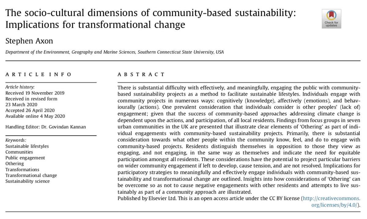 NEW ARTICLE ALERT The ways in which people engage with  #community  #Sustainability is central to our own interactions. We distinguish ourselves in opposition and "Other" those that do not do the same as us.Why so important? A  @OpenAcademics  https://doi.org/10.1016/j.jclepro.2020.121933