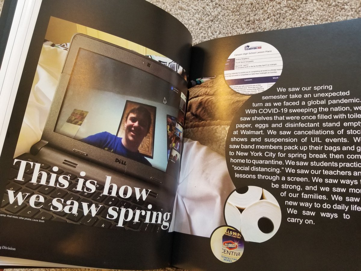 LauraLySmith's tweet photo. COVID changed history in the making. One Canyon High yearbook editor recreated an entire spread in the proof stage right after spring break to make sure COVID coverage was documented in the yearbook. #CISDRocks https://t.co/9vKZuK8Mro