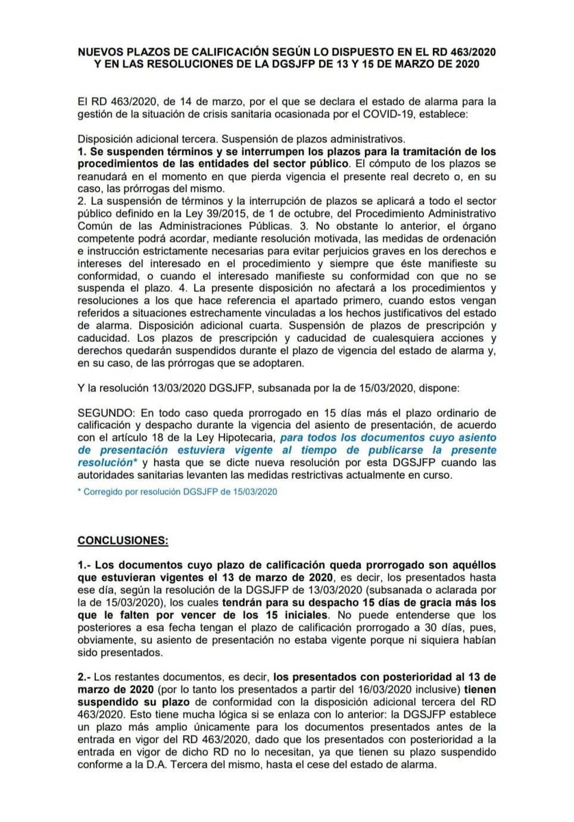 <a href="/Registrador_es/">Registradores de España</a> <a href="/Registrador_R/">Registradores Responde</a> Esa infografía no es correcta
No hay ningún artículo,resolución o instrucción que diga que los documentos posteriores al 13/03 tienen un plazo de despacho de 30 días
Y si me equivoco ¿Pueden decirme qué artículo o resolución establece ese plazo?
Lo que dice la normativa es esto👇