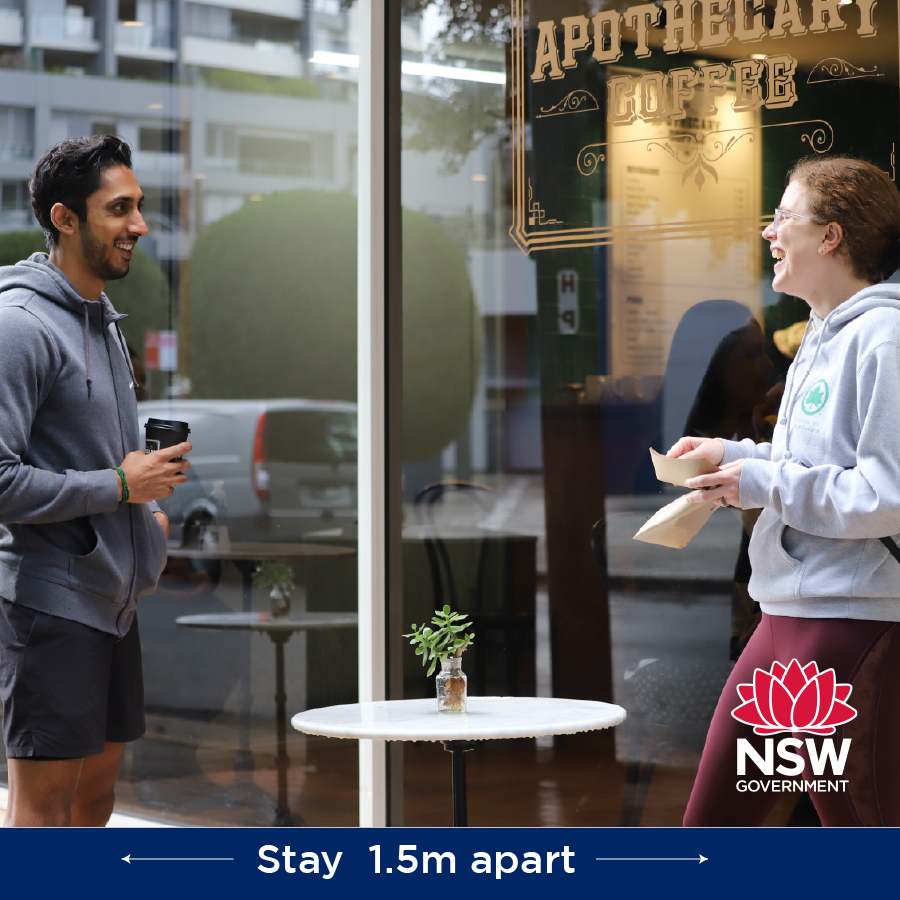 NSWHealth's tweet photo. Under NSW’s relaxed restrictions, restaurants and cafes can seat 10 patrons at any one time and continue to provide takeaway services.

When you catch up for coffee, remember to stay 1.5 metres apart. 

Stay safe. Keep your distance. https://t.co/PVxZ0YeVQG