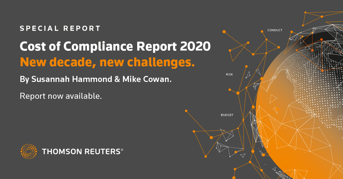 LAUNCHED | COST OF COMPLIANCE REPORT 2020

Download your copy > …al-risk-solutions.thomsonreuters.info/Cost-of-Compli…

For 11 years our Thomson Reuters Regulatory Intelligence Cost of Compliance Report has given an unparalleled insight into the challenges facing risk and compliance officers.