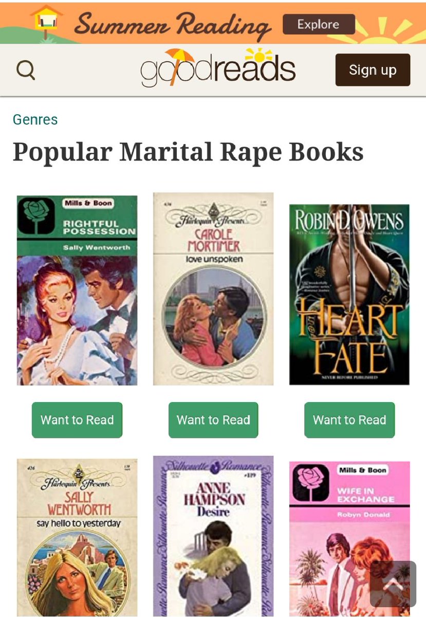 (Marital rape was so often a feature of the romance novels of yore, that  @goodreads somehow now hosts a whole "genre" for 'Popular Marital Rape Books':