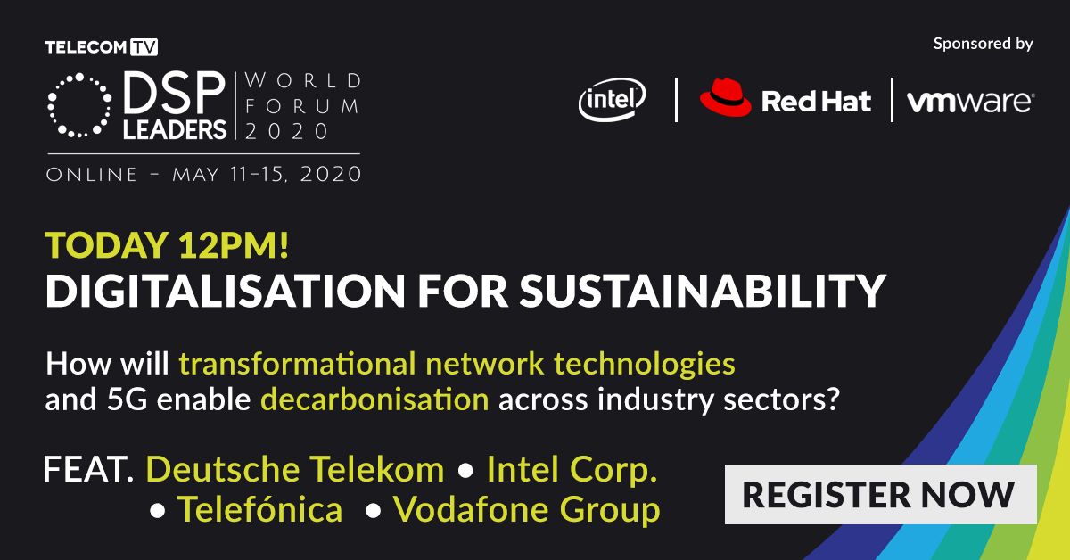 Today at 12pm! Don't miss our session feat. <a href="/deutschetelekom/">Deutsche Telekom</a> @Intel <a href="/Telefonica/">Telefónica</a> &amp; @VodafoneBusiness discussing how the telecoms industry can align digital &amp; climate agendas. Register now on: buff.ly/2xXYCJc - <a href="/geg86/">Gema Esteban Garrido</a> @Aherne_Brian @MartinKriha #DSPleaders #Sustainability