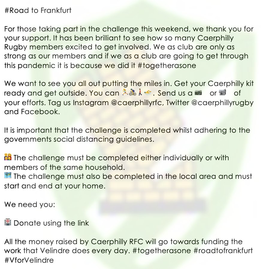 One more day! #roadtofrankfurt <a href="/Velindre/">Velindre Cancer Centre Fundraising</a> <a href="/Caerphillyyouth/">Caerphilly RFC Youth</a> <a href="/CRFCDiamonds/">Caerphilly RFC 2s</a> <a href="/Caer_m_and_j/">Caerphilly RFC Mini and Junior</a> <a href="/caerphillyeggc1/">caerphillyeggchasers</a> @RfcU13s <a href="/CaeRfcU16s/">Caerphilly RFC U16's | 2019/20</a> <a href="/cae/">CAESAR</a>

Please donate at the link below

gofundme.com/f/caerphilly-r…