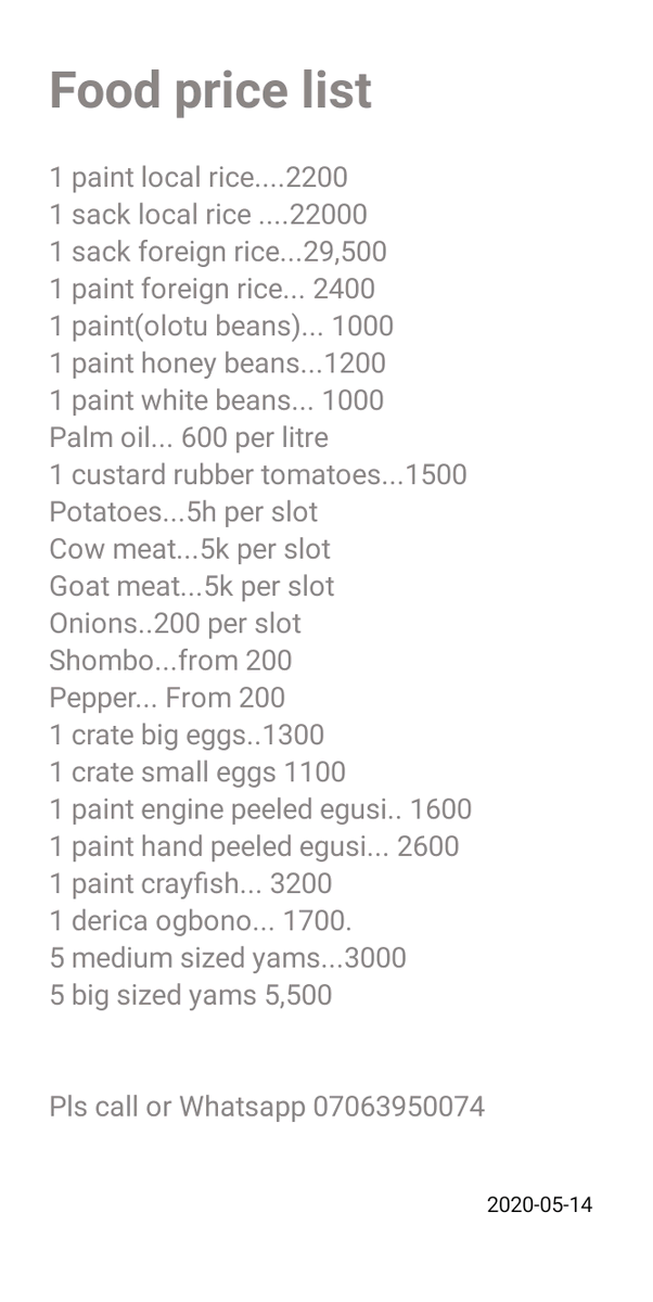 Have your foodstuff delivered to your doorstep! Why go to the market when you can have them in your house🤷. Items on the list are actually same price as in the market or even cheaper. Send a DM to order, or Whatsapp me on 07063950074