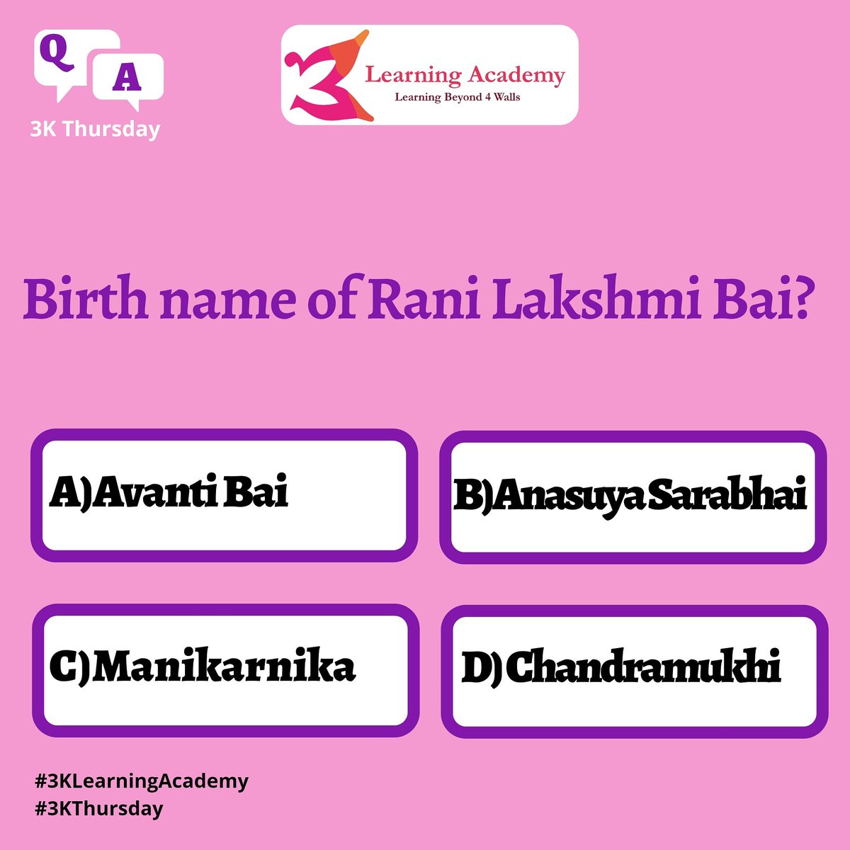 3Acdemy's tweet photo. It's #3KThursday time let's see how much you know about Rani Lakshmibai.
.
Lakshmibai, the Rani of Jhansi was the queen of the princely state of Jhansi in North India currently present in Jhansi district in Uttar Pradesh, India.
#3KLearningAcademy
#indianhistory
#ranilaxmibai https://t.co/CqfkIq0Pr8
