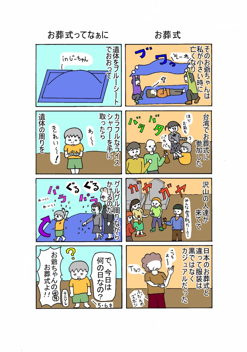 風見鶏 風助 絵日記blogger على تويتر １０６話 お葬式 １０７話 お葬式ってなぁに オリジナル イラスト ノンフィクション 実話 ４コマ漫画 エッセイ 絵描きさんと繋がりたい イラスト好きさんと繋がりたい 台湾のお葬式 ライスシャワー フォロー