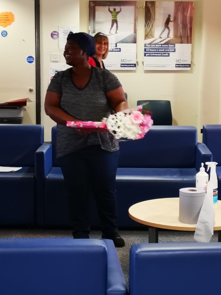 This lovely lady Rebecca has been keeping our colleagues safe in Enfield JCP for the past 7 weeks by rigorously cleaning  everything and keeping our cleaning stations topped up . We had a collection for her to show how much we appreciate everything she does . Your our hero 👏🏻❤️