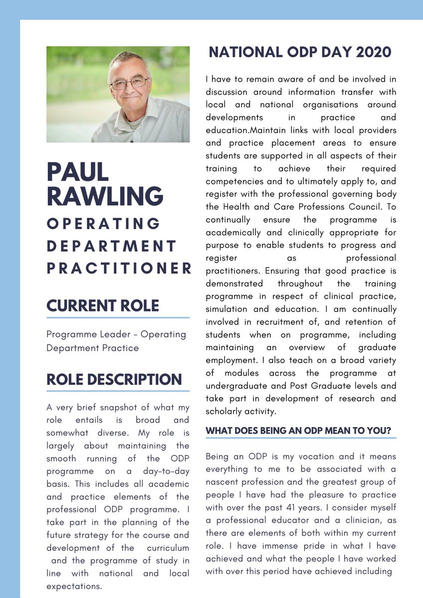  @PaulRawling2 is a Programme Leader for Operating Department Practice Education  @edgehill. An inspirational educator to all students on the programme (including myself). Happy   #ODPday to you and your colleagues