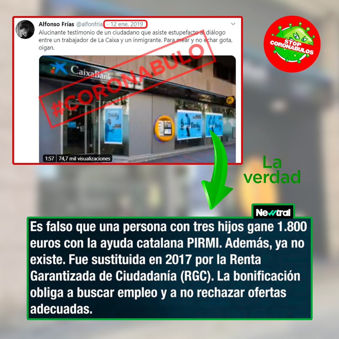 stopcoronabulos's tweet photo. 🚨 ¡#Coronabulo del PIRMI!

El audio de La Caixa y un inmigrante es FALSO. La ayuda catalana ni era exclusiva para migrantes, obligaba a buscar empleo y ni de lejos podía llegar a los 1800€ por persona. Además, fue sustituida hace tres años por la Renta Garantizada.

¡No piques! https://t.co/boZVY1w7N8